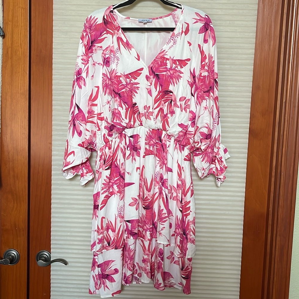 NWOT white birch pink floral tiered ruffle lined dress size extra large